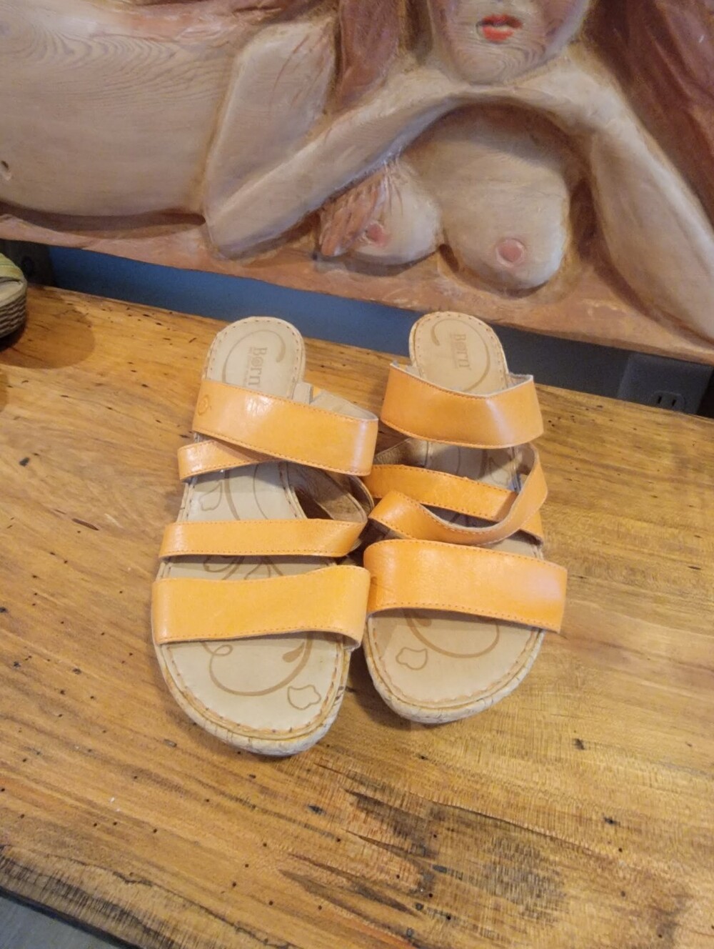 Born Size 11 Orange Triple-Strap Leather Slide Wedge Sandals with a 3" Heel